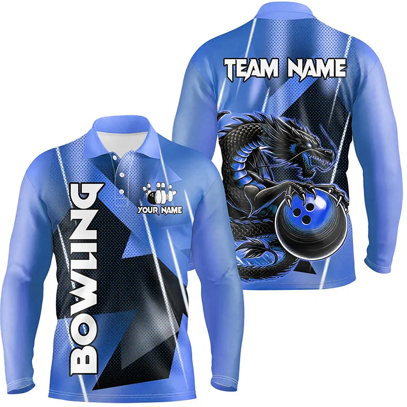 Schwarz-Blaue Maßgeschneiderte Drachen-Bowlinghemden für Herren – Drachen-Bowling-Team-Shirts NQS8381