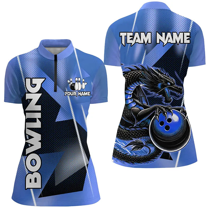 Schwarz-Blaue Maßgeschneiderte Drachen-Bowlinghemden für Damen – Drachen-Bowling-Team-Shirts NQS8381