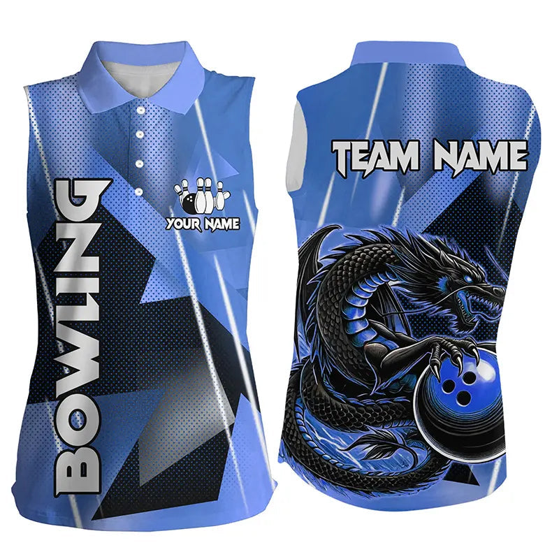 Schwarz-Blaue Maßgeschneiderte Ärmellose Drachen-Bowling-Poloshirts für Damen – Drachen-Bowling-Team-Shirts NQS8381