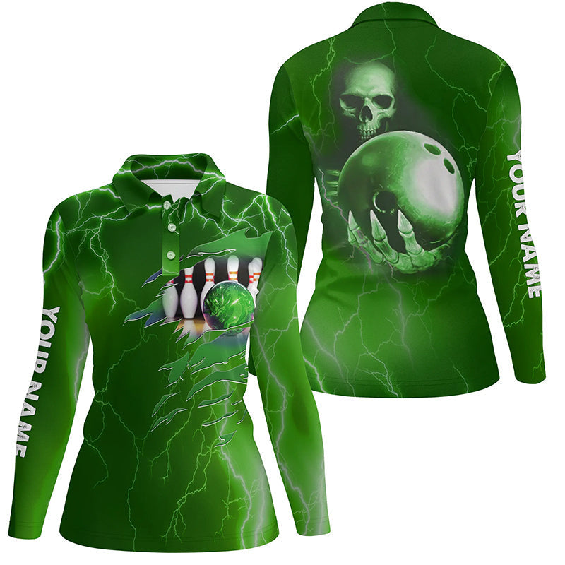 Personalisierte Bowling-Poloshirts für Damen – Grüne Blitz-Donner, Individueller Name, Team-Schädel-Bowling-Trikots NQS6493