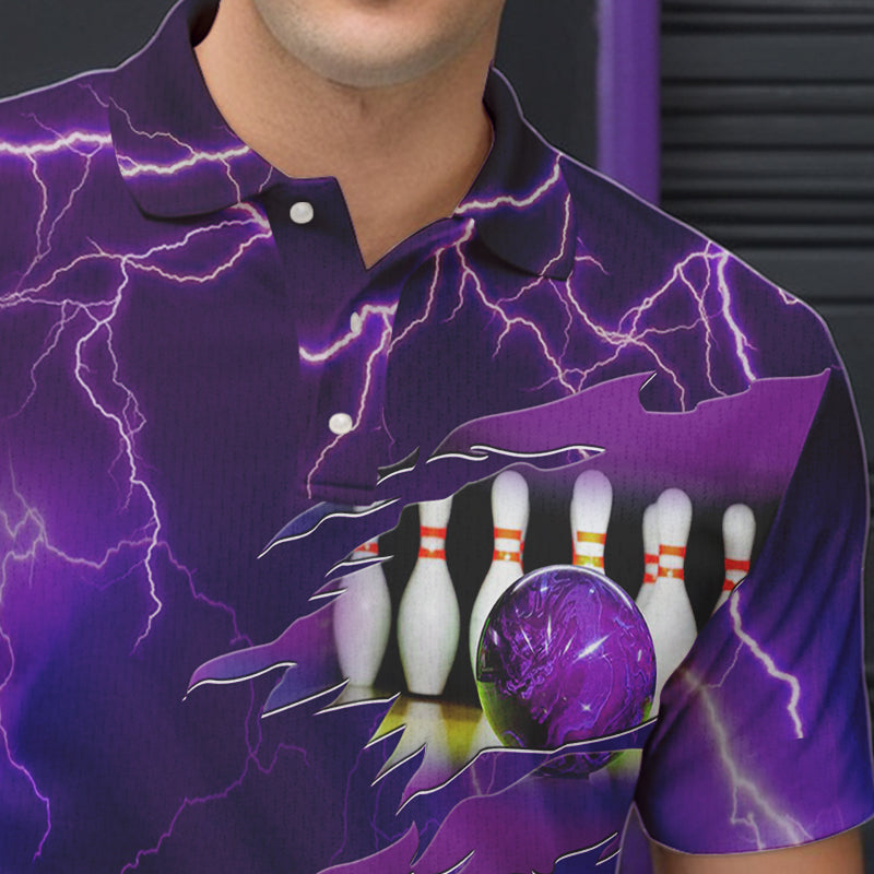 Personalisierte Bowling-Poloshirts für Herren – Lila Blitz-Donner, Individuelles Team-Schädel-Bowling-Trikots NQS6494