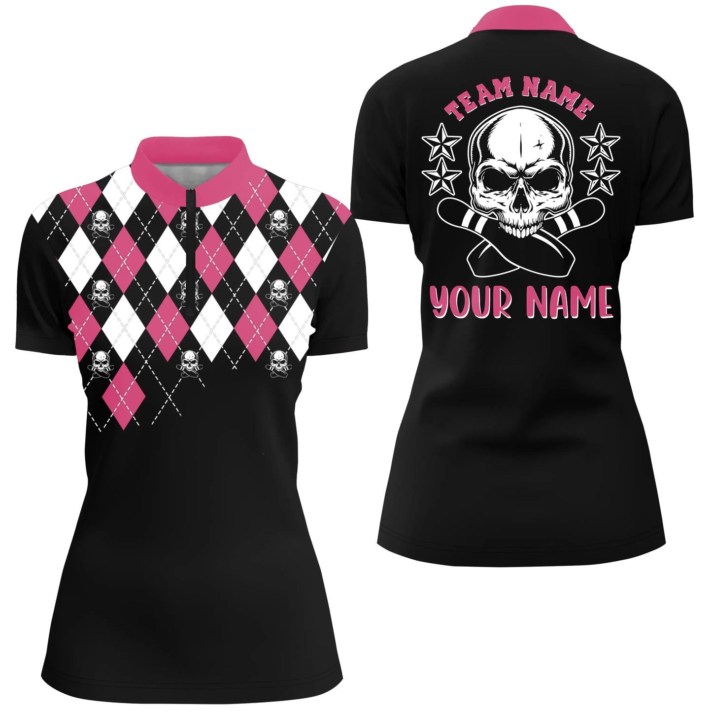 Pinkfarbene Schädel-Bowlinghemden für Damen, personalisierter Name und Teamname, Quarter-Zip-Bowlinghemd, Bowlingtrikot NQS4690