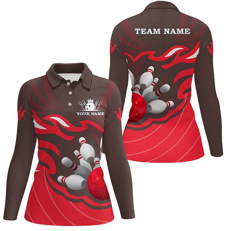 Damen-Bowling-Poloshirt – Individuelle Bowlingkugel & Pins, Team-Liga-Trikot, personalisiertes Bowling-Geschenk | Rot NQS6301
