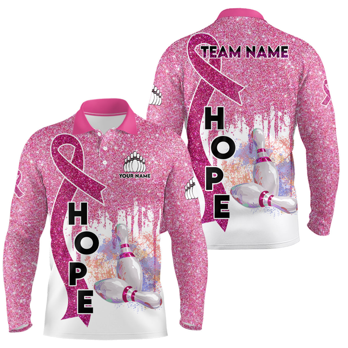 Pinkes Glitzerband Brustkrebsbewusstsein Bowlingtrikots – Individuelle Team-Bowling-Poloshirts für Herren NQS6555