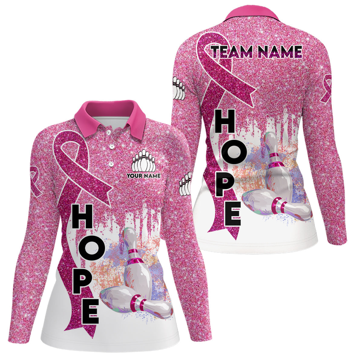 Pinkes Glitzerband Brustkrebsbewusstsein Bowlingtrikots – Individuelle Team-Bowling-Poloshirts für Damen NQS6555