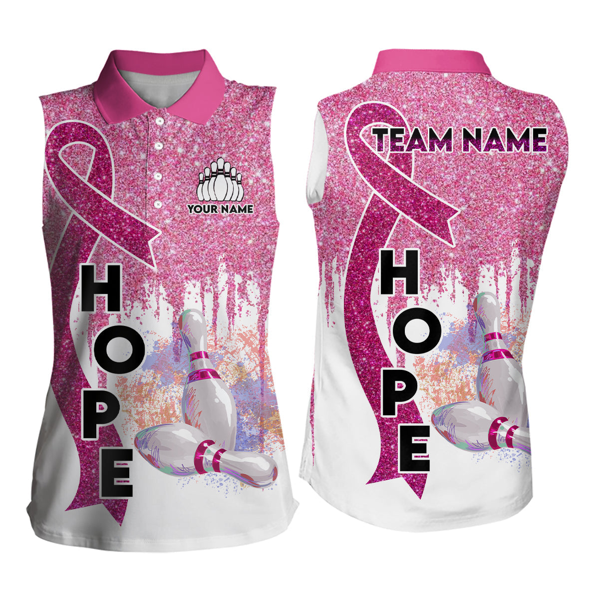 Pinkes Glitzerband Brustkrebsbewusstsein Bowlingtrikots – Individuelle ärmellose Bowling-Poloshirts für Damen NQS6555