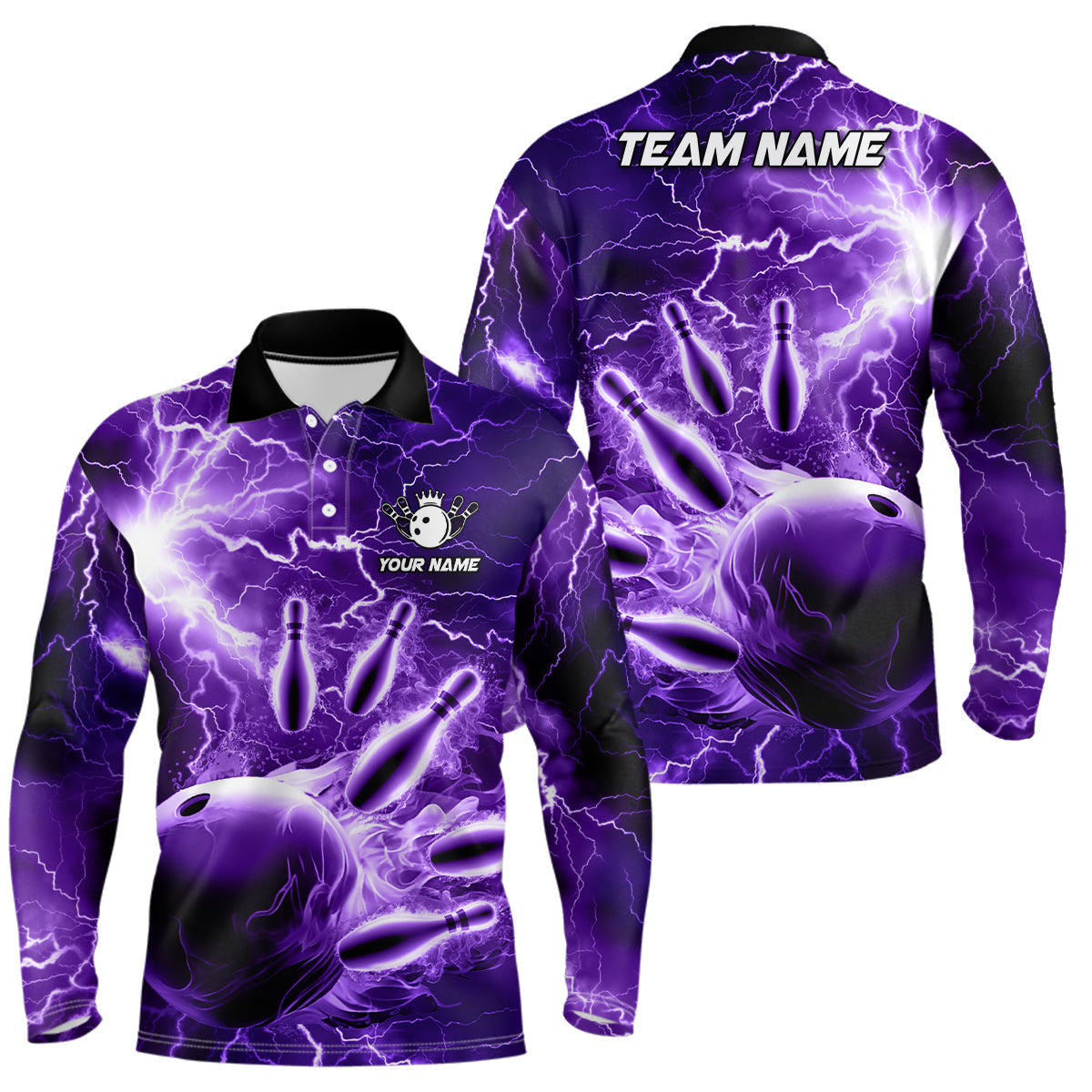 Herren-Bowling-Poloshirts – Individuelle Lila Blitz-Donner Bowling-Team-Trikots, Geschenk für Team-Bowler NQS6581