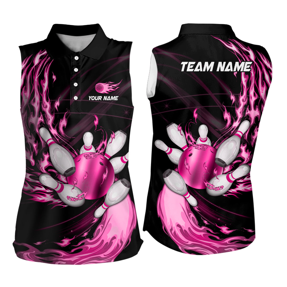 Schwarzes ärmelloses Bowling-Poloshirt – Maßgeschneidert mit pinker Flamme, Bowlingkugel und Kegeln, Teamliga-Bowler-Trikots NQS8483