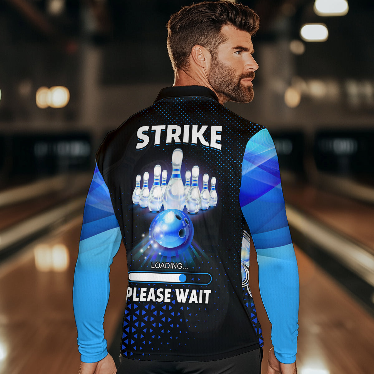 Lustige Herren-Bowling-Poloshirts – Individuell „Strike loading, please wait“ Team-Bowling-Trikots | Blau NQS6675