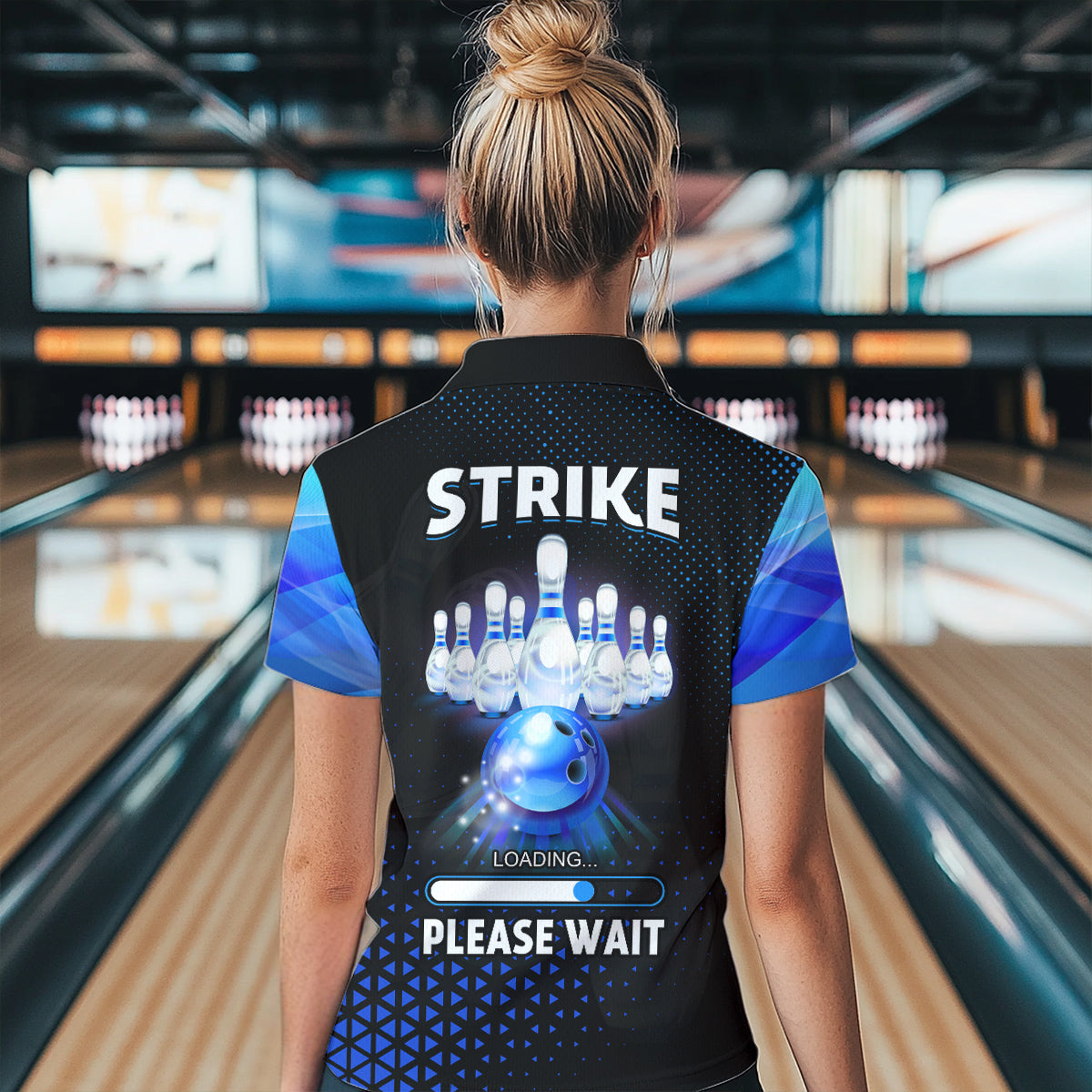 Lustige Damen-Bowling-Poloshirts – Individuell „Strike loading, please wait“ Team-Bowling-Trikots | Blau NQS6675