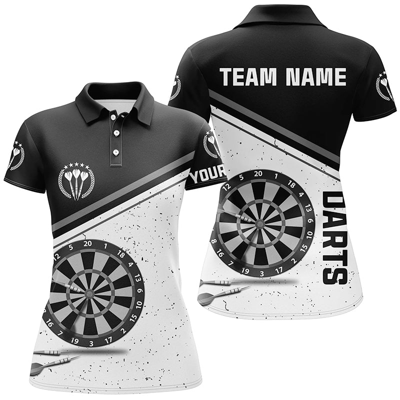 Schwarz-Weiß Grunge Darts Poloshirt mit Namen – Individuelles Damen Darts Shirt Dart Trikot LDT0626