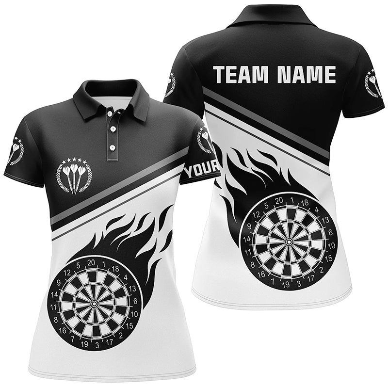 Schwarz-Weiß Flamme Darts Poloshirt mit Namen – Individuelles Darts Shirt für Damen Dart Trikot LDT0627