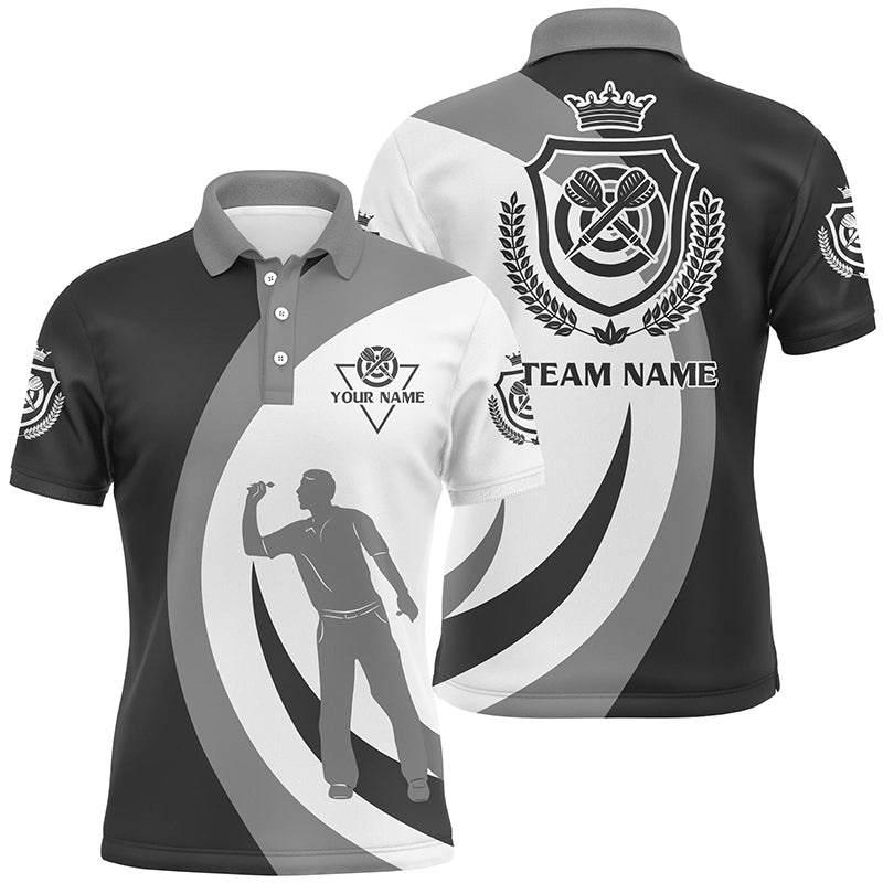 Personalisierter schwarzer-grauer Dart-Poloshirt mit Kronen-Emblem – Cooles Darttrikot für Männer LDT0365