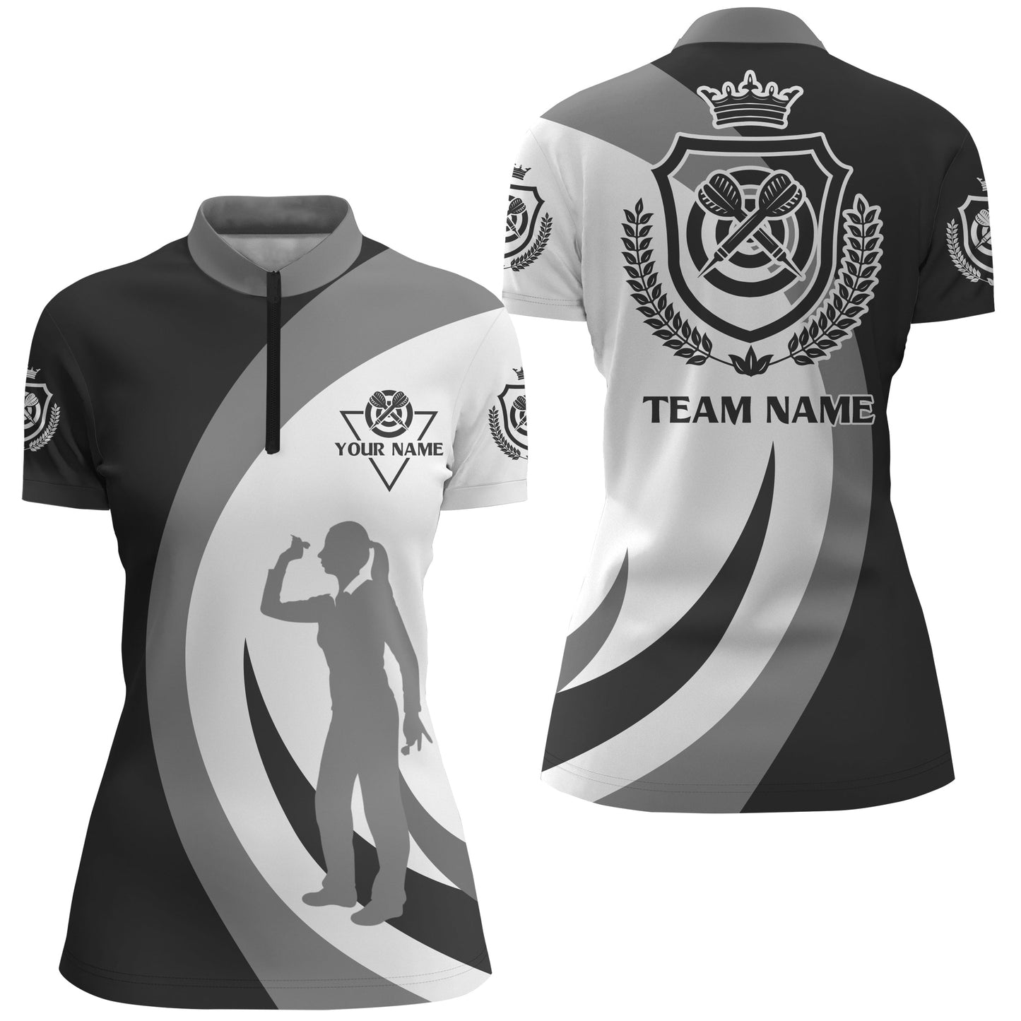 Individuelles Schwarz Grau Krone Emblem Darts Quarter-Zip Shirt – Cooles Damen Dart Trikot LDT0365