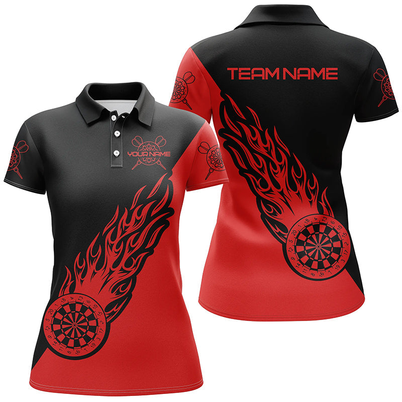 Personalisiertes Rot-Schwarz Flamme Darts Poloshirt – Individuelles Darts Shirt für Damen Dart Trikot LDT0697