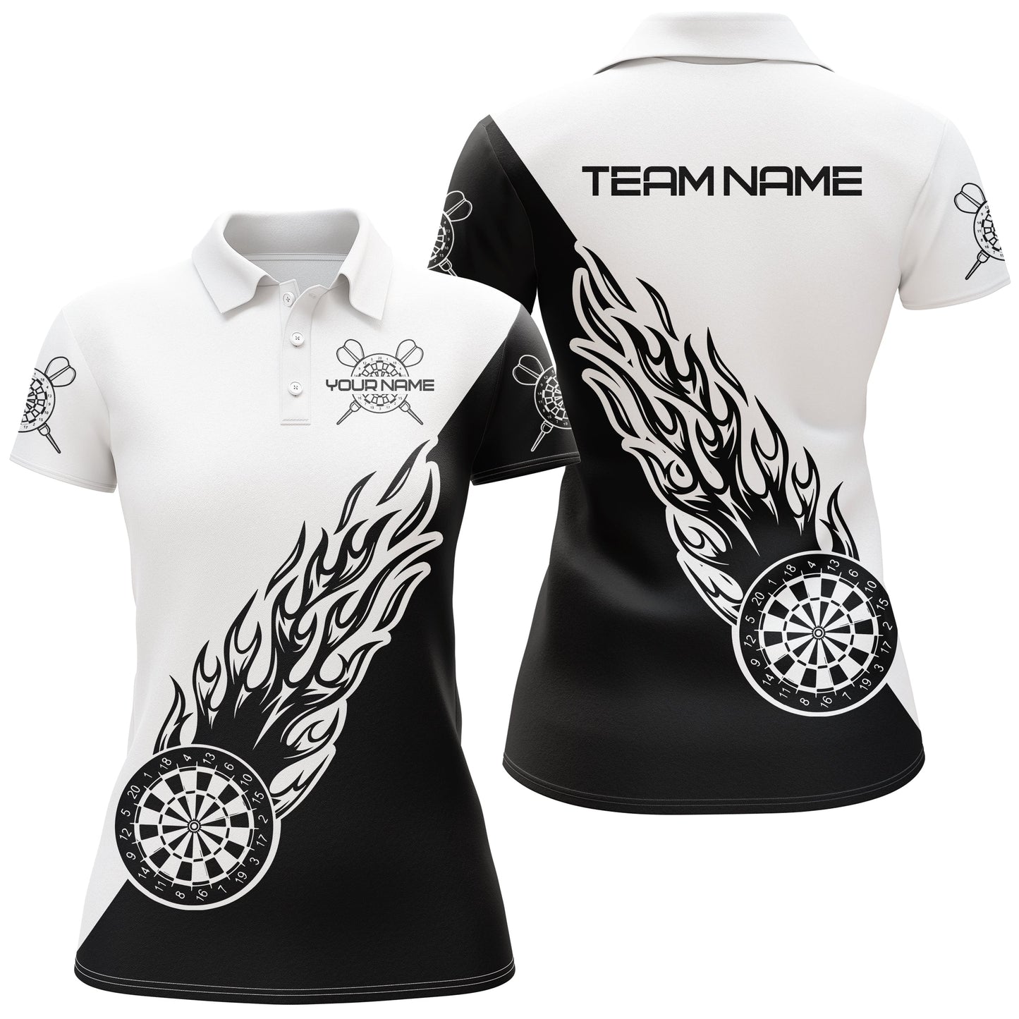 Personalisiertes Schwarz-Weiß Flamme Darts Poloshirt – Individuelles Darts Shirt für Damen Dart Trikot LDT0698