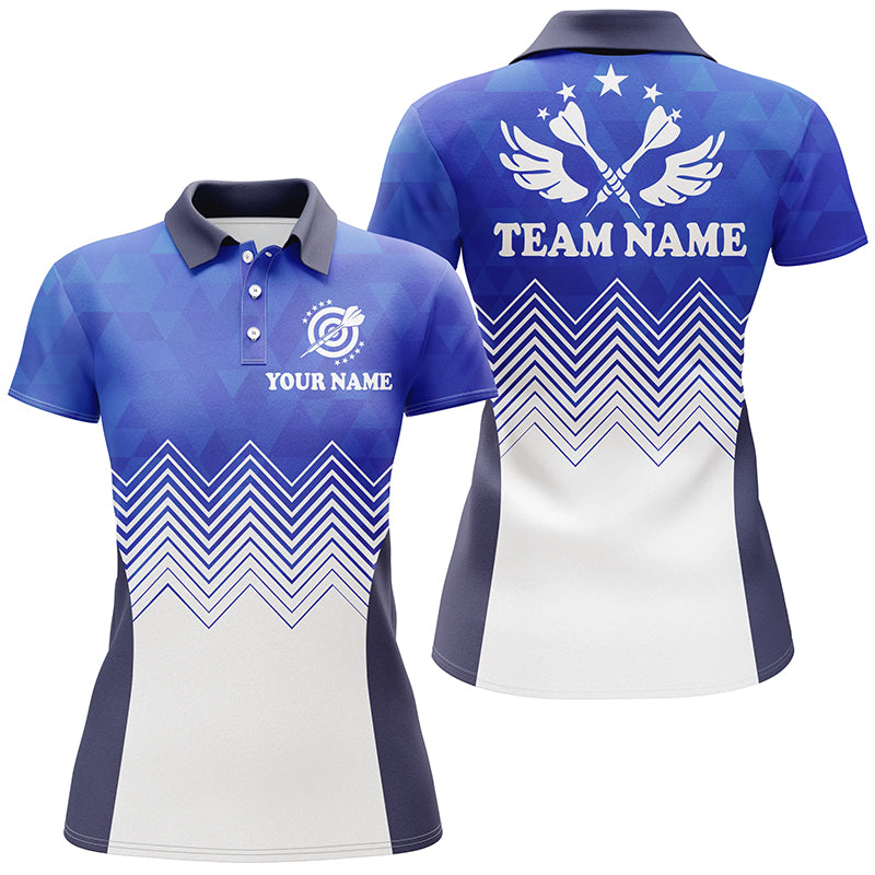 Darts Flügel Blau-Weiß Abstraktes Muster Poloshirt – Personalisiertes Darts Trikot für Damen LDT0397