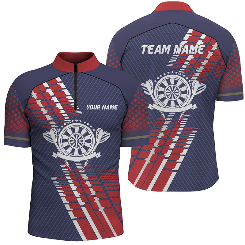 Individuelles Navy Blau Rot Geometrisches Muster Darts Quarter-Zip Shirt – Darts Trikot für Männer LDT0400