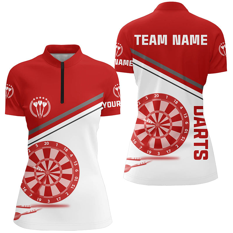 Rotes Weiß Darts Quarter-Zip Shirt mit Name – Individuelle Dart Shirts für Damen Dart Trikots LDT1297