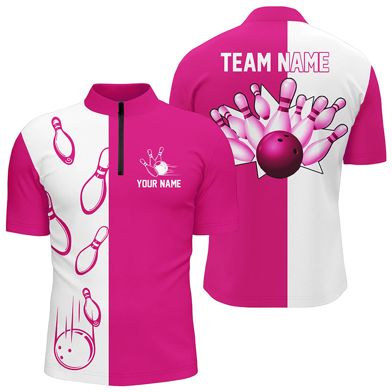Rosa und weiße Retro-Vintage-Bowling-Quarter-Zip-Shirts für Herren – Individuelle Bowling-Team-Trikots NQS6655