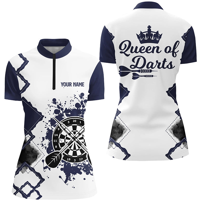 Queen Of Darts Navy Weiß Darts Quarter-Zip Shirt – Individuelles Cooles Dart Trikot für Damen LDT0367