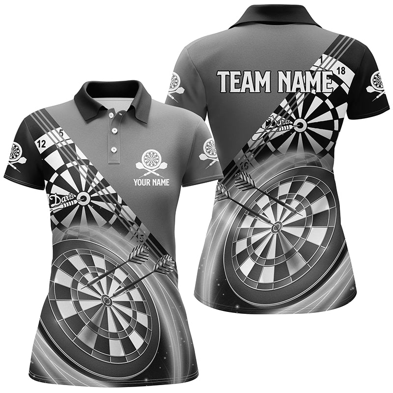Schwarz Grau Damen Darts Polo Shirt mit Name, Individuelle Dart Shirts für Damen, Dart Trikots LDT0939