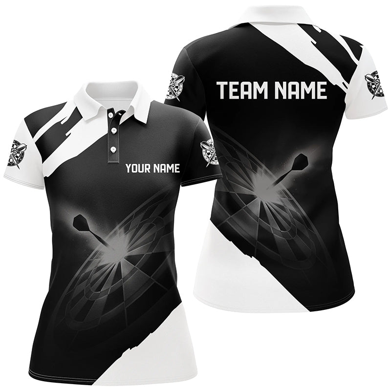 Schwarz Weiß Individuelles Damen Darts Poloshirt – Individuelle Dart Shirts für Frauen Dart Trikots LDT1395