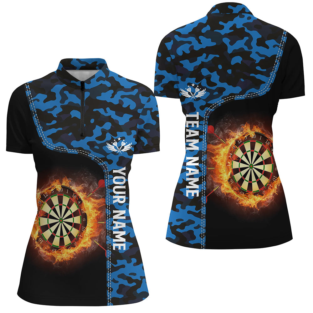 Blaues Camo Flame Dartboard Damen Quarter-Zip Shirt – Individuelles Dart Trikot LDT1238