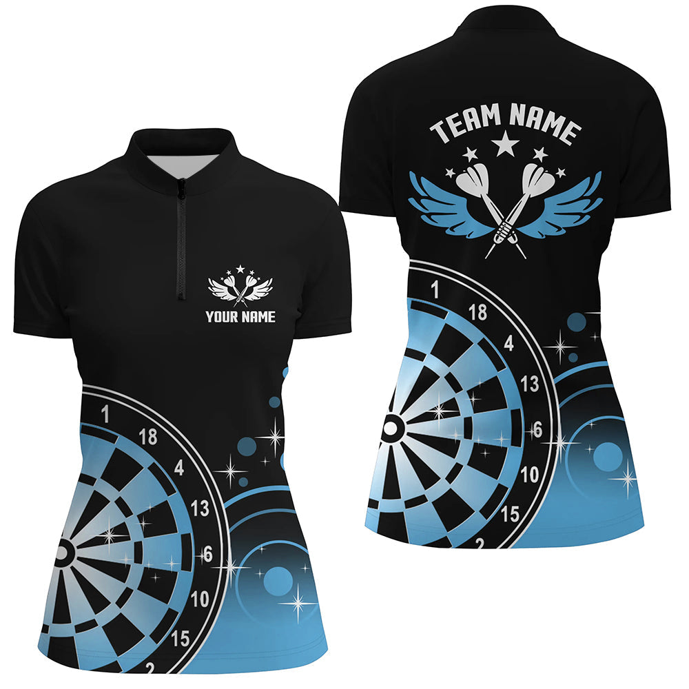 Personalisierte Darts Wings Schwarz Blau Quarter-Zip Shirts – Damen Dart Shirt Dart Trikots LDT1242