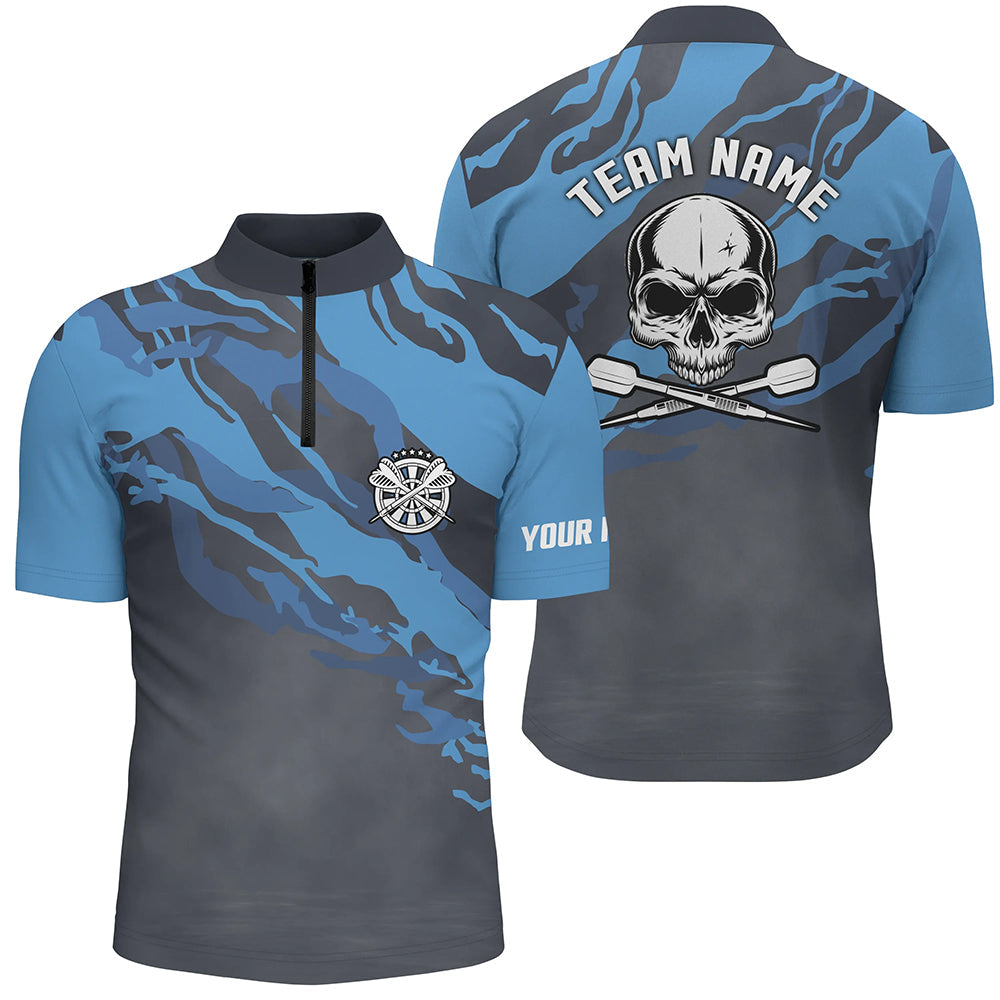 Personalisiertes Blau Skull Darts Quarter-Zip Shirt – Individuelles Darts Shirt für Männer Dart Trikots LDT1067