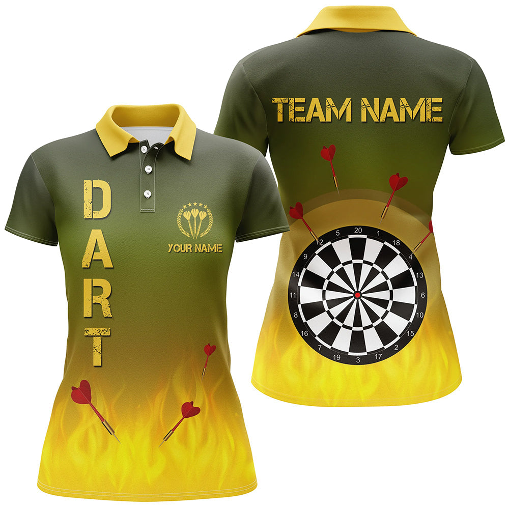 Farbverlauf Grün-Gelb Feuerflamme Damen Darts Poloshirt – Individuelles Darts Trikot für Damen LDT0407
