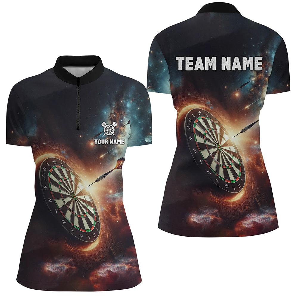 Darts In Galaxy Gedrucktes Darts Quarter-Zip Shirt, Individuelles Damen Dart Shirt, Dart Trikots LDT1357
