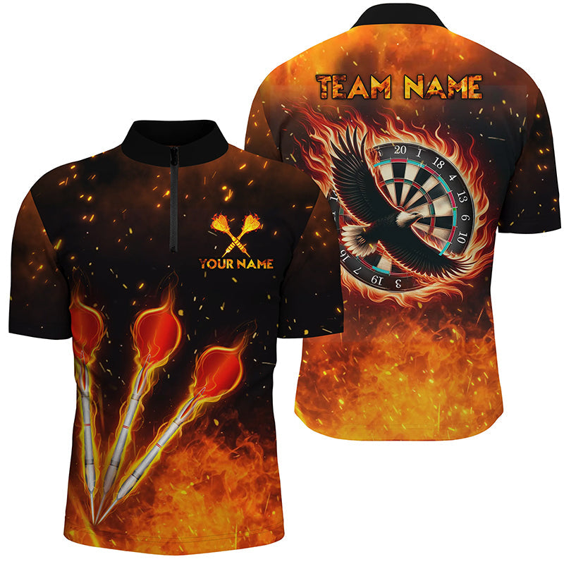 Orange Fire Flame Eagle Darts Quarter Zip Shirt, Individuelles Dart Shirt für Herren, Dart Trikots LDT1441