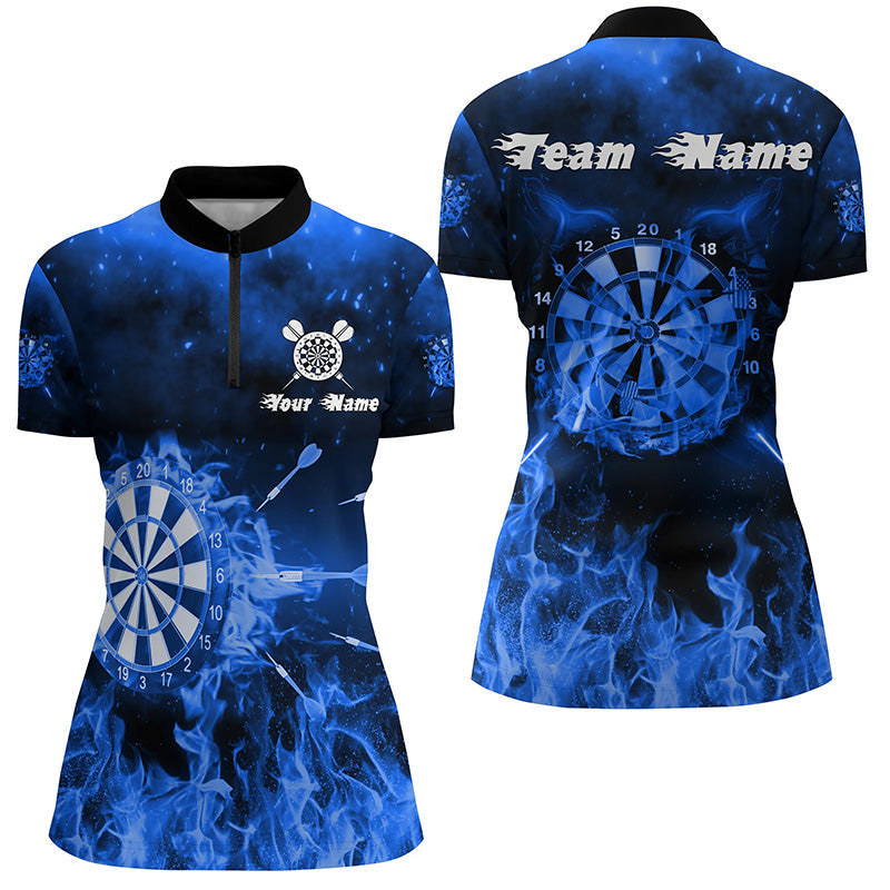 Individuelles Damen Darts Quarter-Zip Shirt Blau Fire Flame – Individuelle Dart Trikots für Damen LDT1233