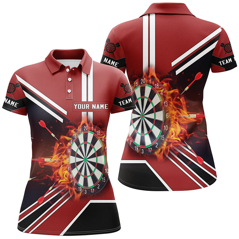 Schwarz-Rotes Flammen Dartboard Poloshirt – Individuelle Feuer Darts Shirts für Damen Dart Trikot LDT0406