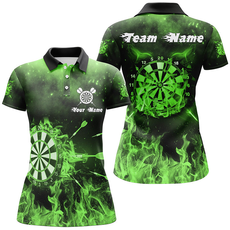 Grünes Feuerflamme Damen Darts Poloshirts – Individuelles Dart Shirt für Frauen Dart Trikots LDT1378