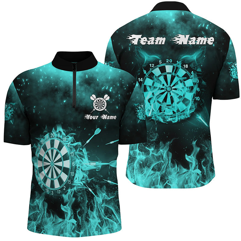 Türkis Fire Flame Darts Quarter Zip Shirts, Individuelles Dart Shirt für Herren, Dart Trikots LDT1379