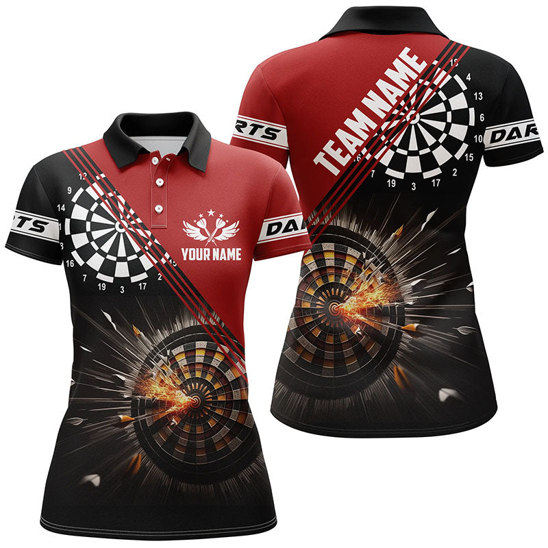 Schwarz Rot Darts Feuer Personalisiertes Damen Poloshirt – Individuelle Dart Trikots für Frauen LDT0995
