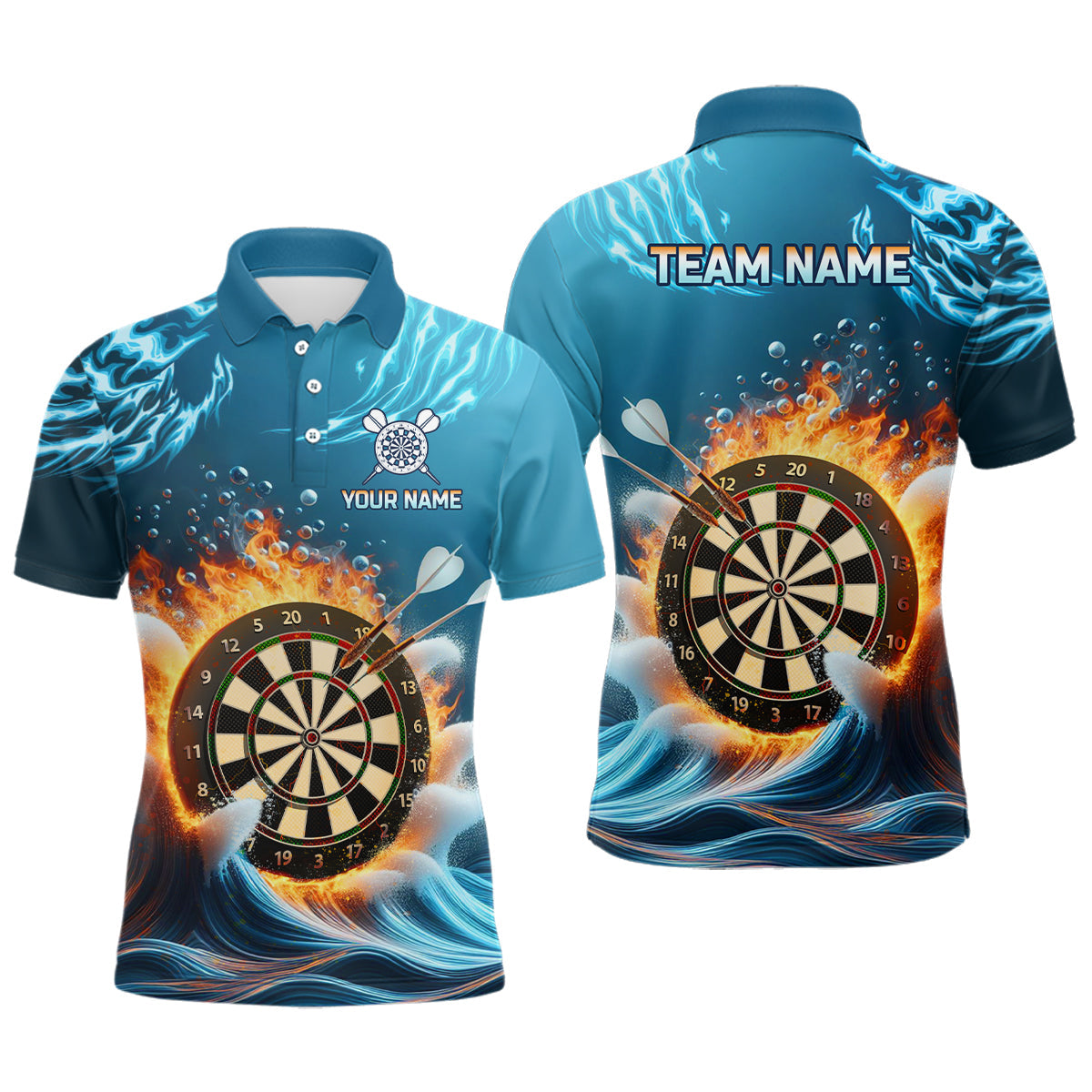 Feuer und Wasser Blaues Herren Darts Poloshirt – Individuelles Dartshirt für Männer Teamtrikots LDT1427