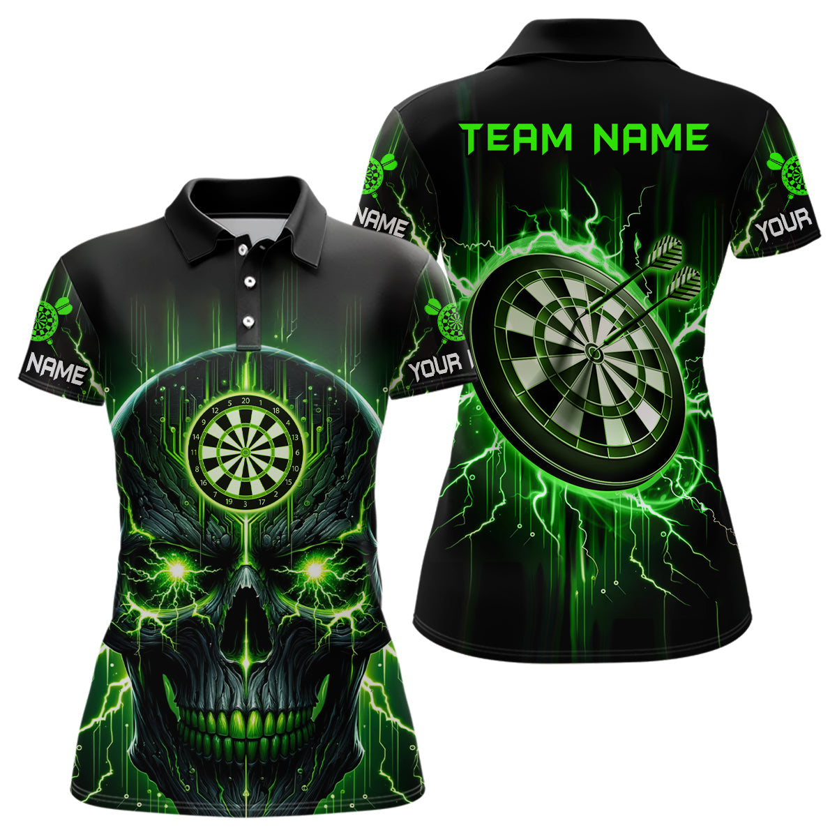 Schwarz Grün Skull Damen Dart Poloshirt – Individuelles Gruseliges Dart Trikot LDT1432