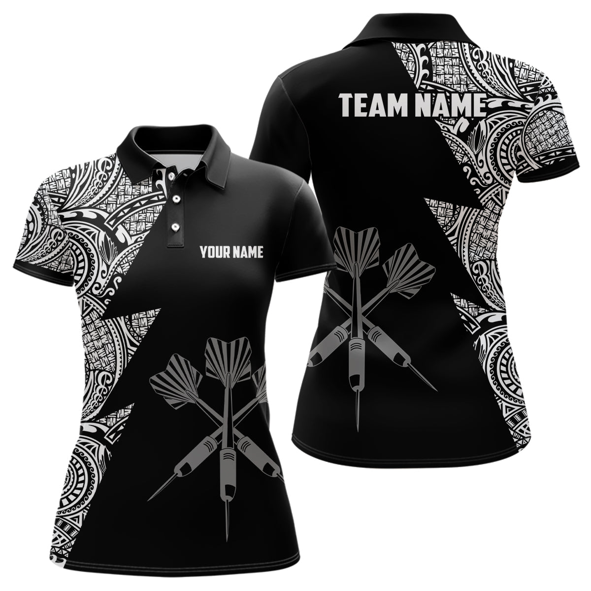 Blitz Tribal Schwarz Weiß Personalisierte Darts Poloshirts – Darts Trikot für Frauen LDT0820
