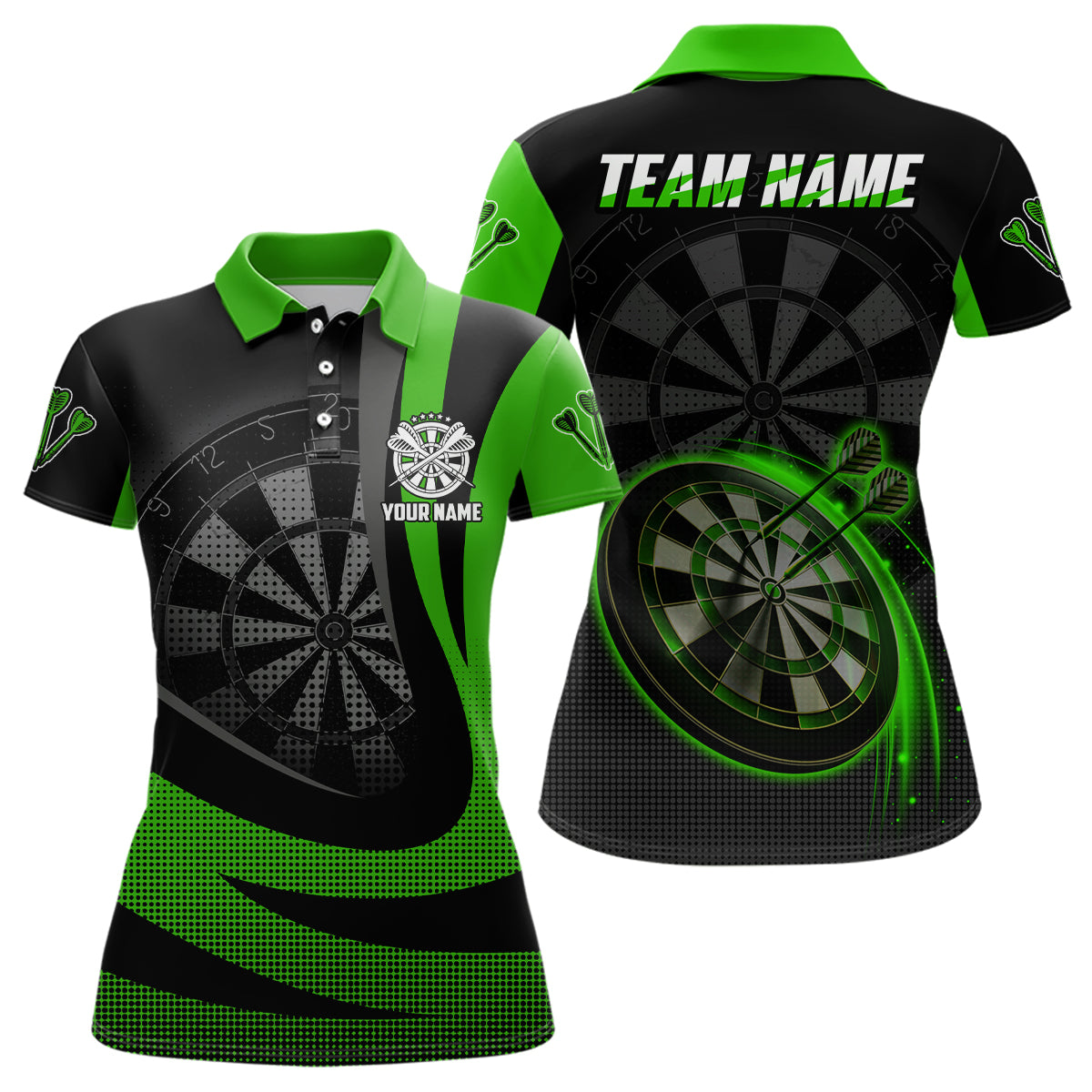 Individuelles Schwarz Grün 3D Damen Darts Poloshirt – Cooles Dart Team Trikot für Frauen LDT1030