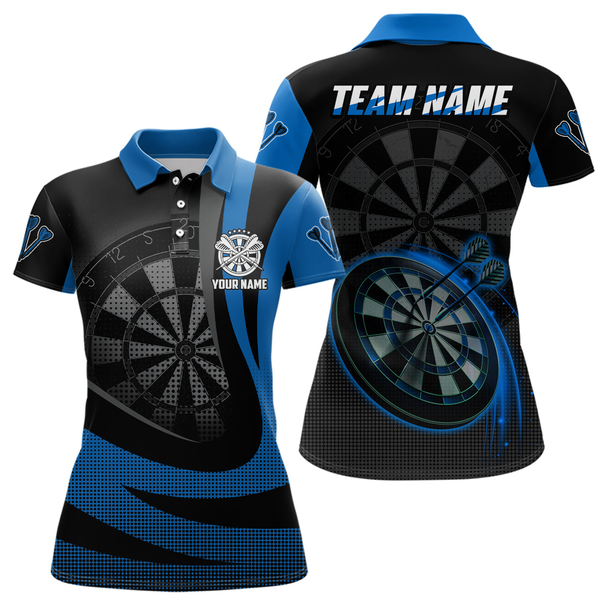 Individuelles Schwarz Blau 3D Damen Darts Poloshirt – Cooles Dart Team Trikot für Frauen LDT1031