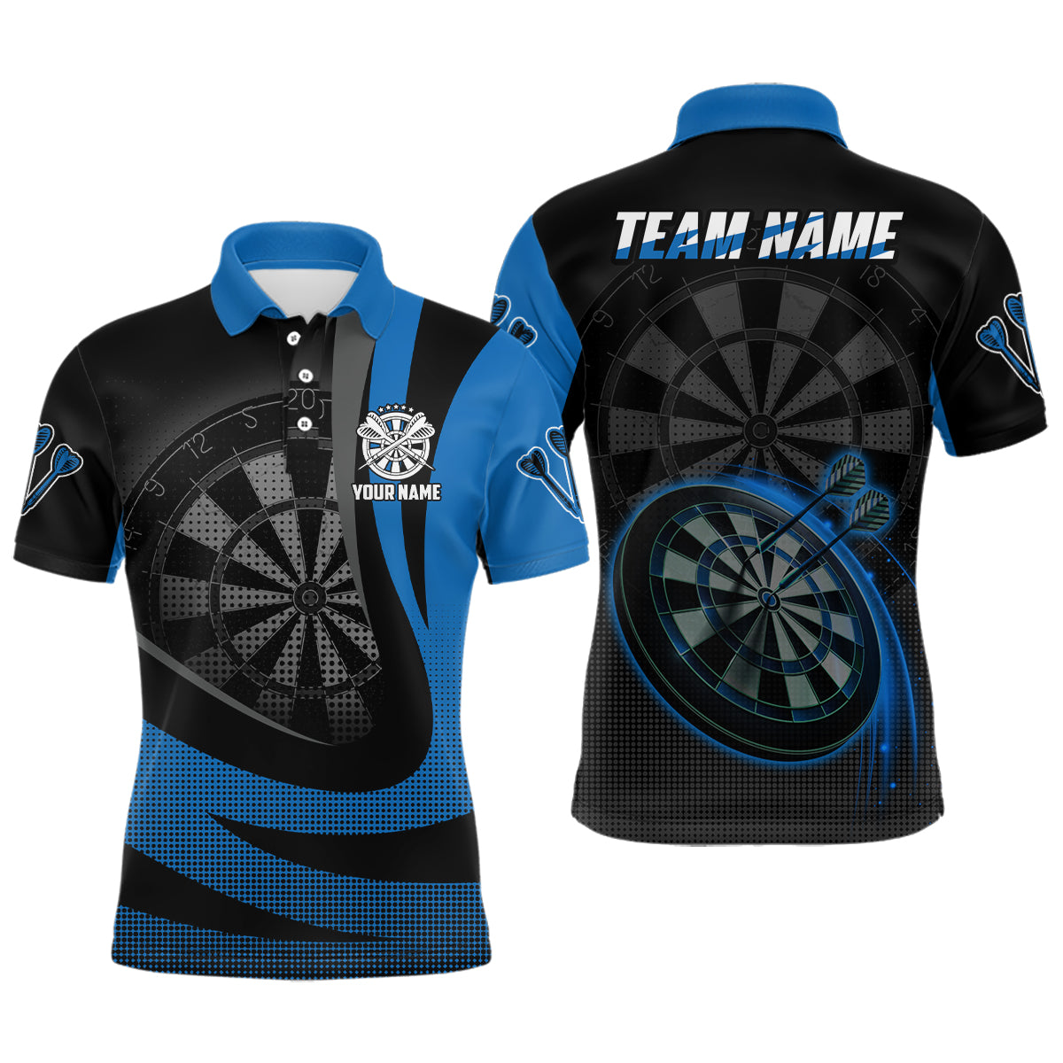 Personalisiertes Schwarz Blau 3D Herren Darts Poloshirt – Individuelles Cooles Darts Team Trikot für Männer LDT1031
