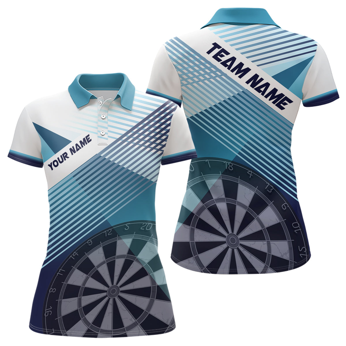 Silhouette Weiß Blau Damen Dart Polo Shirt – Personalisierte Coole Dart Trikots für Damen LDT0823