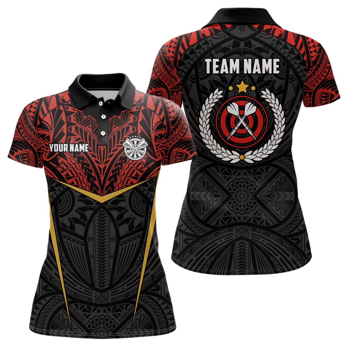 Personalisierte Rot Gelb Tribal Muster Darts Polo Shirt – Individuelle Dart Trikots für Damen LDT0826