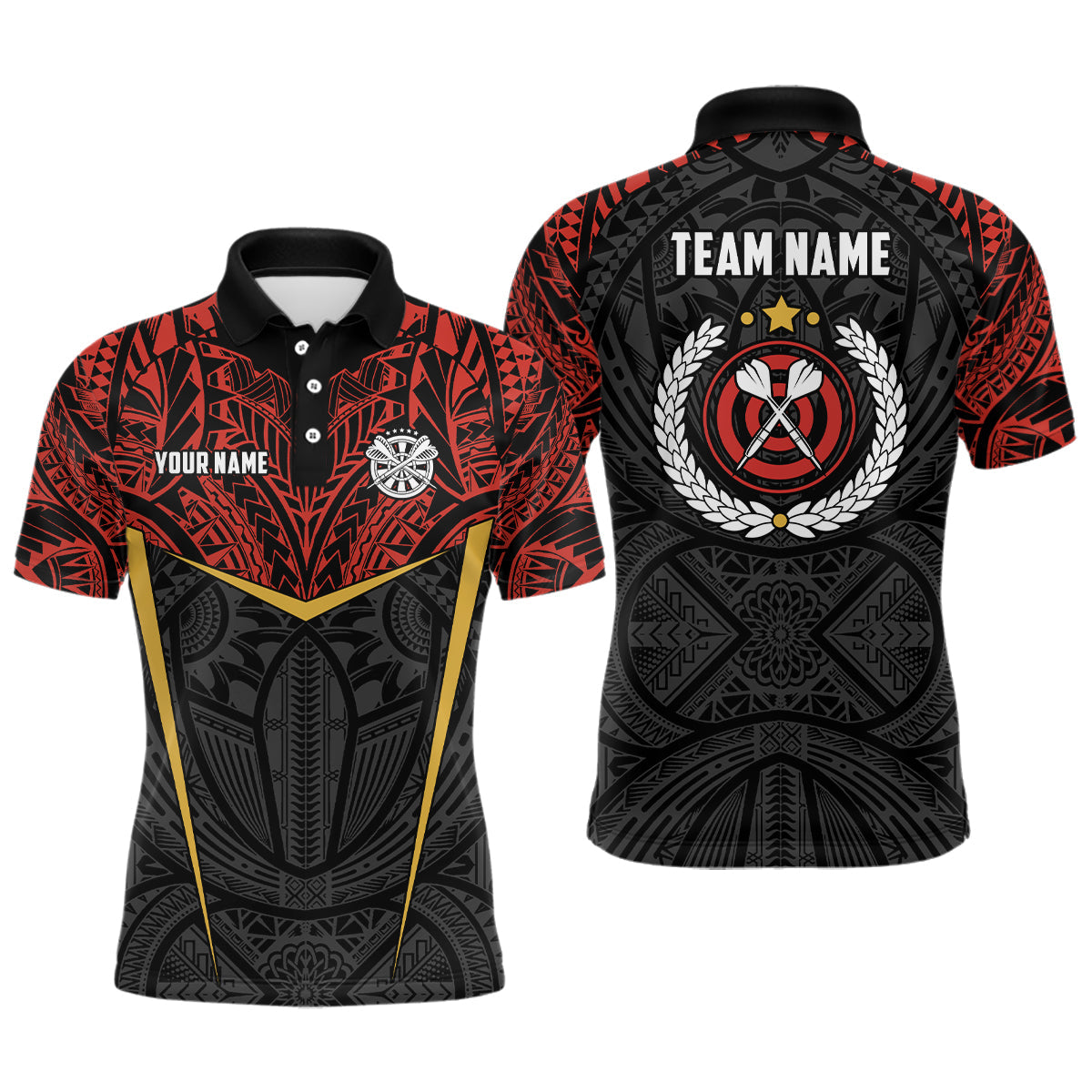 Personalisierter rot-gelbes Tribal-Muster Herren Dart-Poloshirt – Individuelle Darttrikots für Männer LDT0826