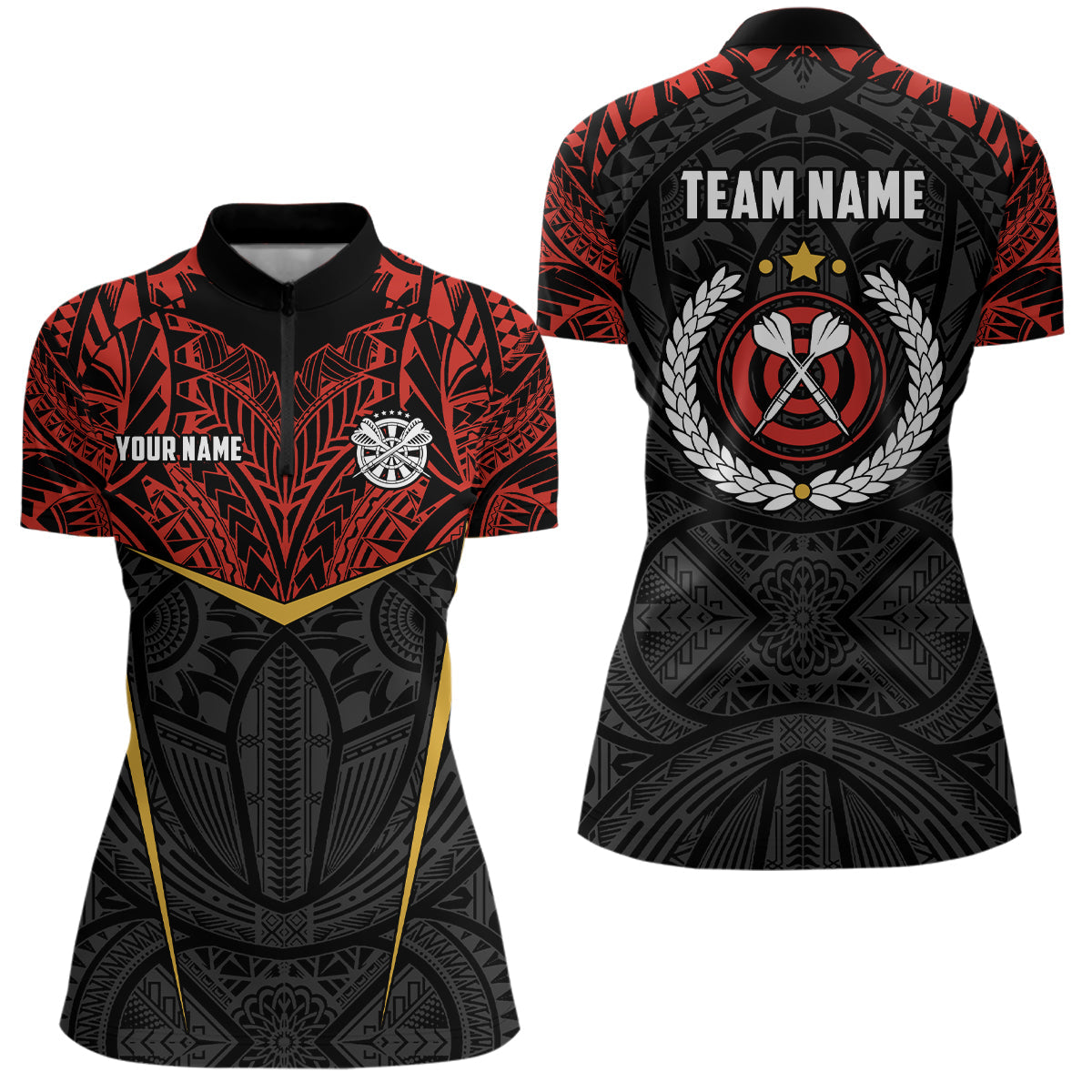Individuelles Rot Gelb Tribal Muster Darts Quarter-Zip Shirt – Individuelles Damen Dart Trikot LDT0826
