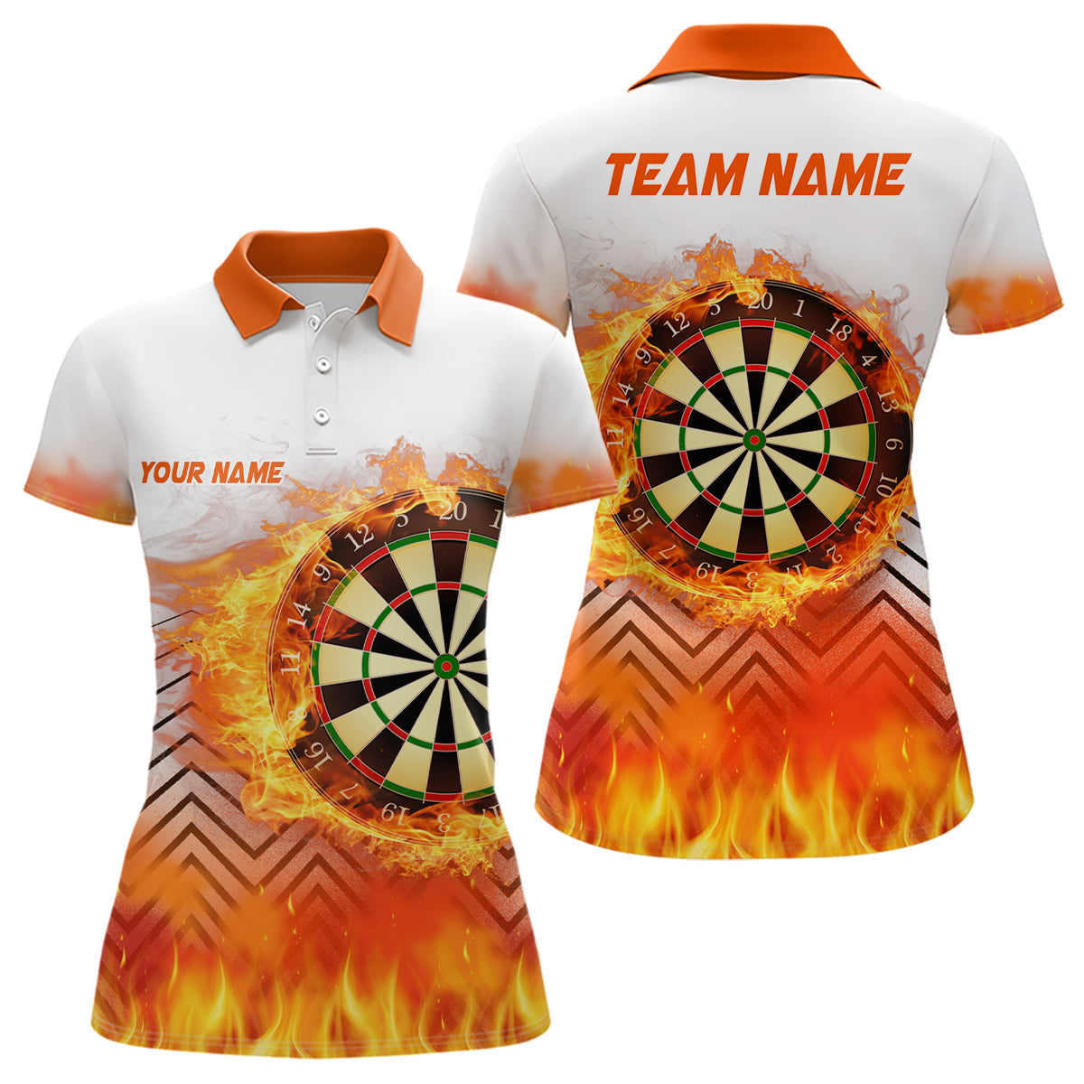 Weiß Orange Feuerflamme Damen Dart Poloshirt – Individuelles Dart Team Trikot LDT1459