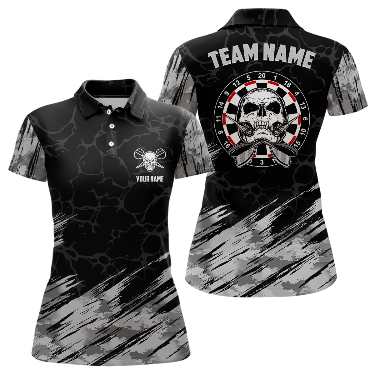 Individuelles All-Over-Print Schädel Darts Damen Poloshirt Grau Schwarz – Dart Trikots für Frauen LDT1077